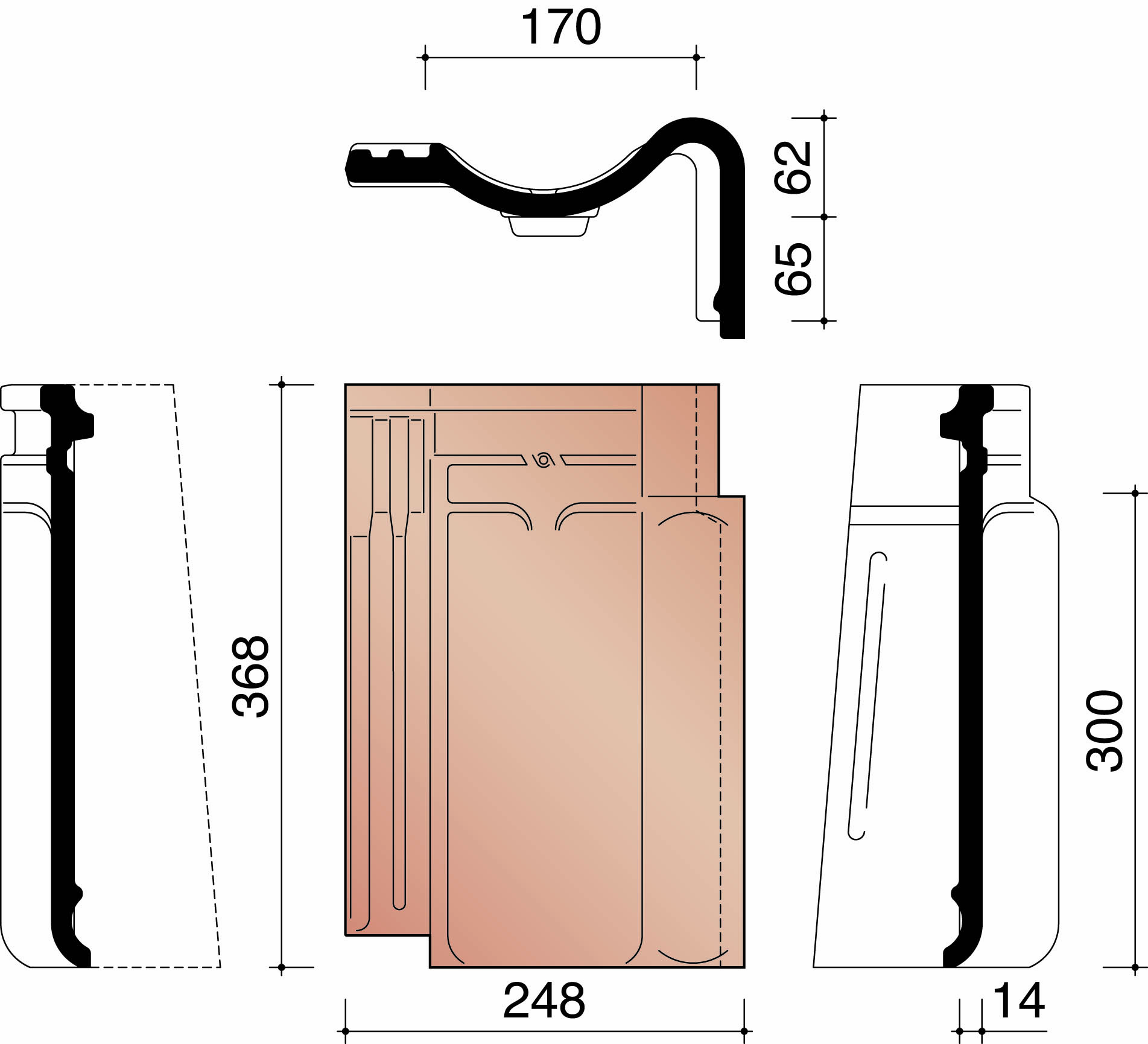 Kor gevelpan rechts 401 natuurrood 600
