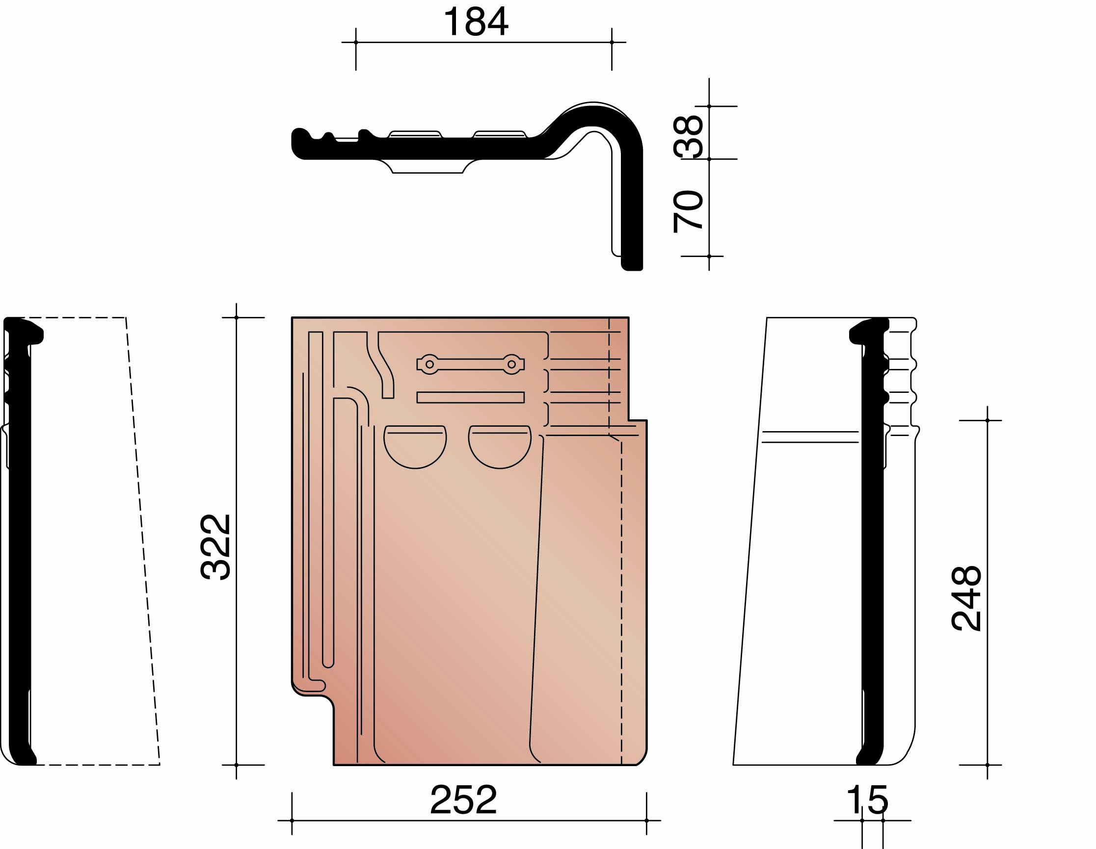 Kor gevelpan rechts 993 natuurrood 600